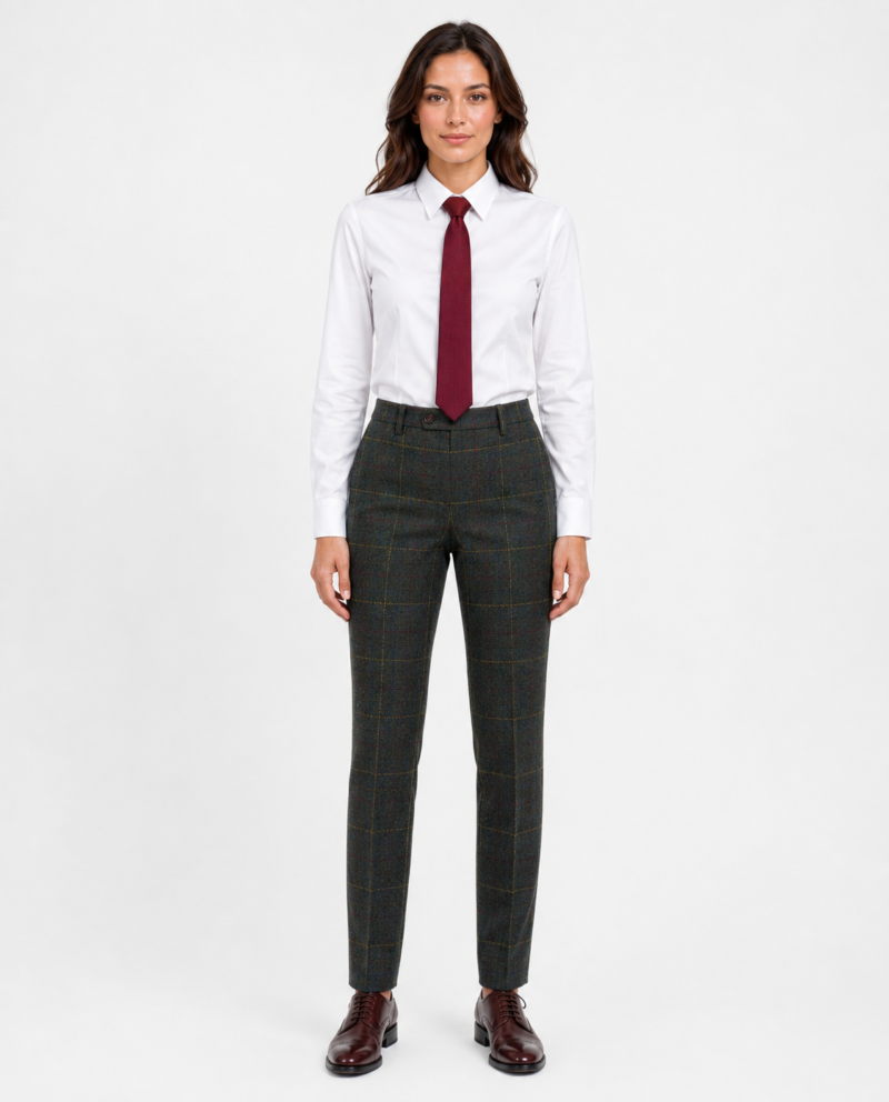 Women’s Dark Green Bold Check Tweed Trousers