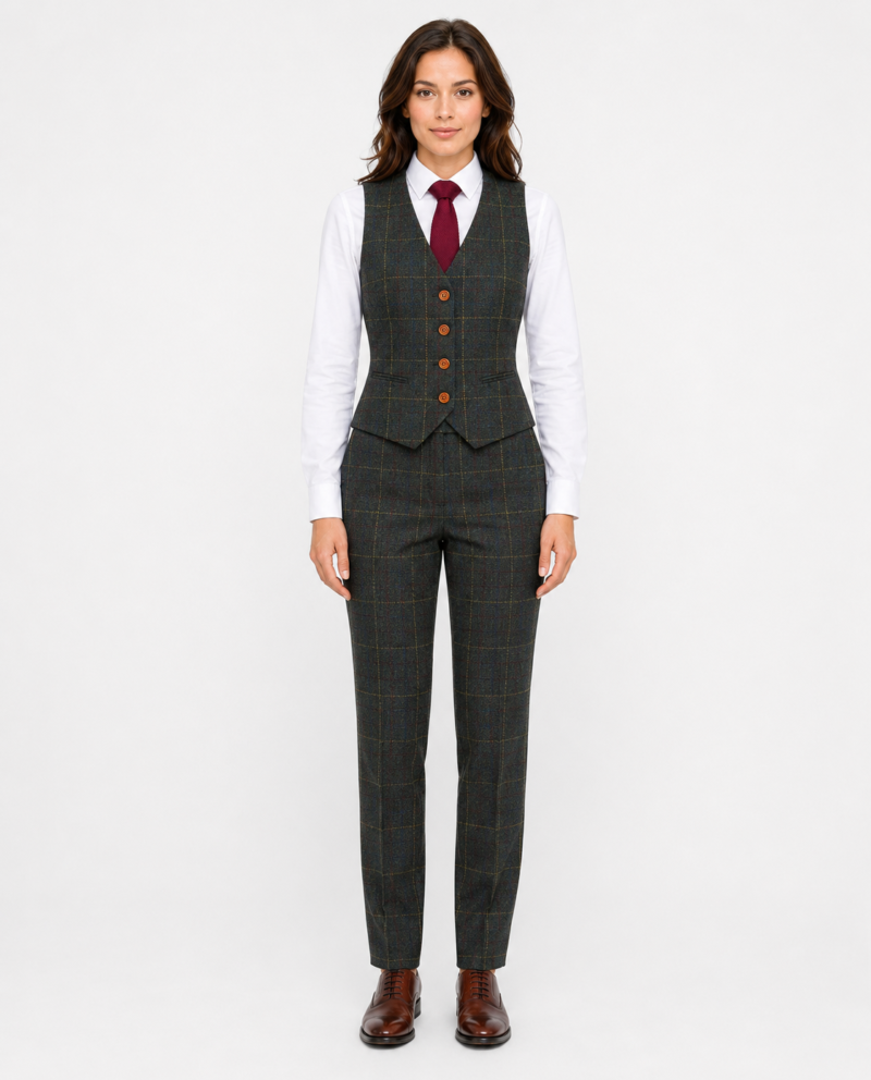 Women’s Dark Green Bold Check Tweed Waistcoat