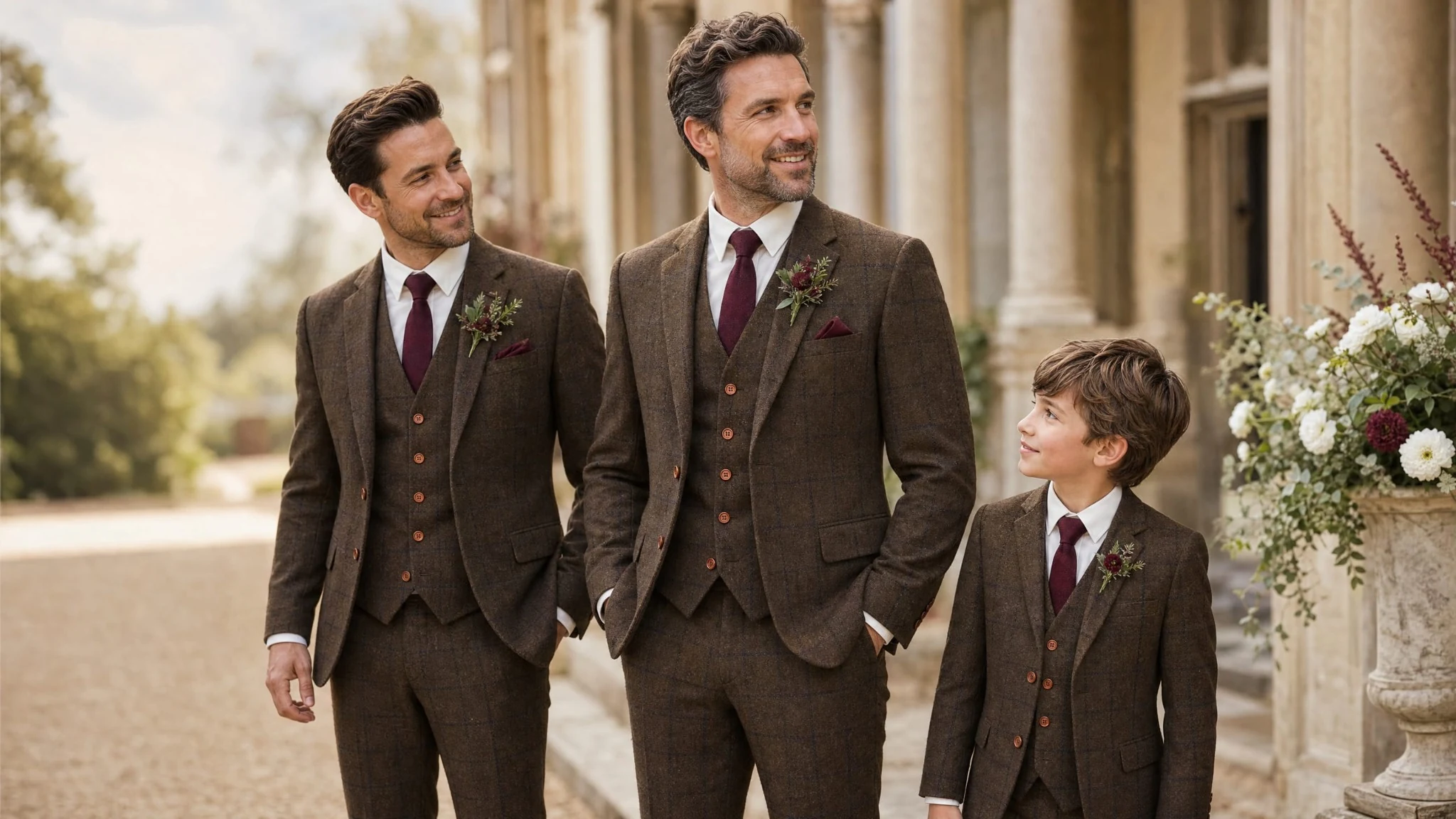 Page boy with groom and groomsman in coordinated brown country check tweed wedding suits
