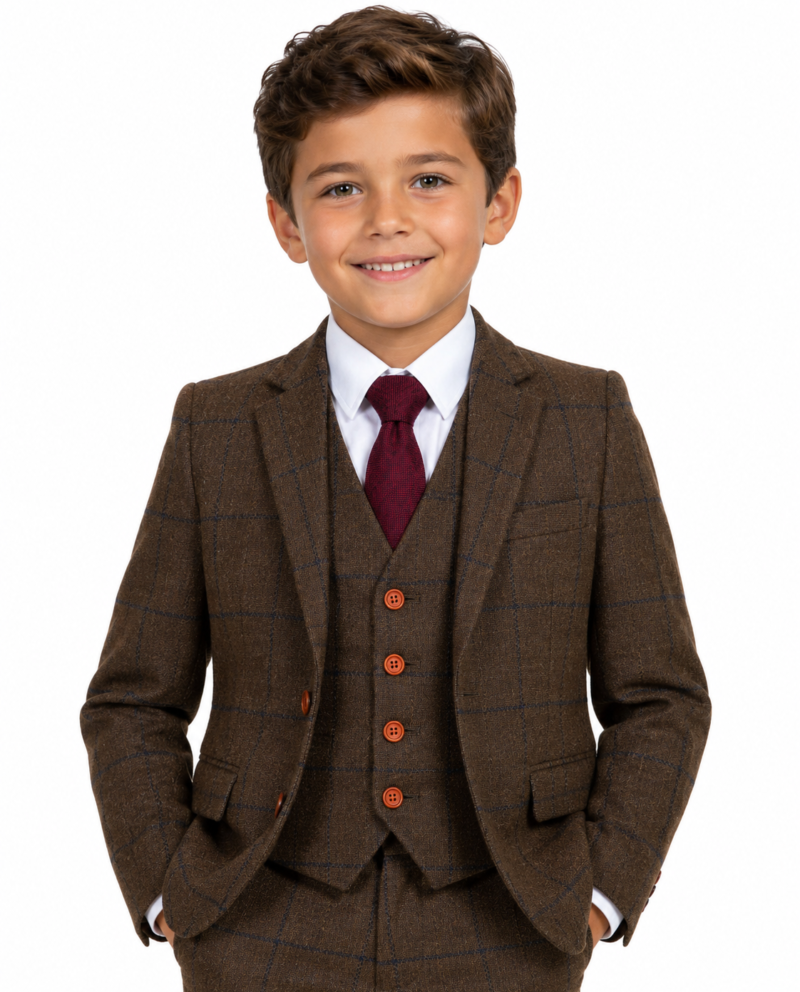 Boys’ Brown Country Check Tweed with Navy Three-Piece Suit