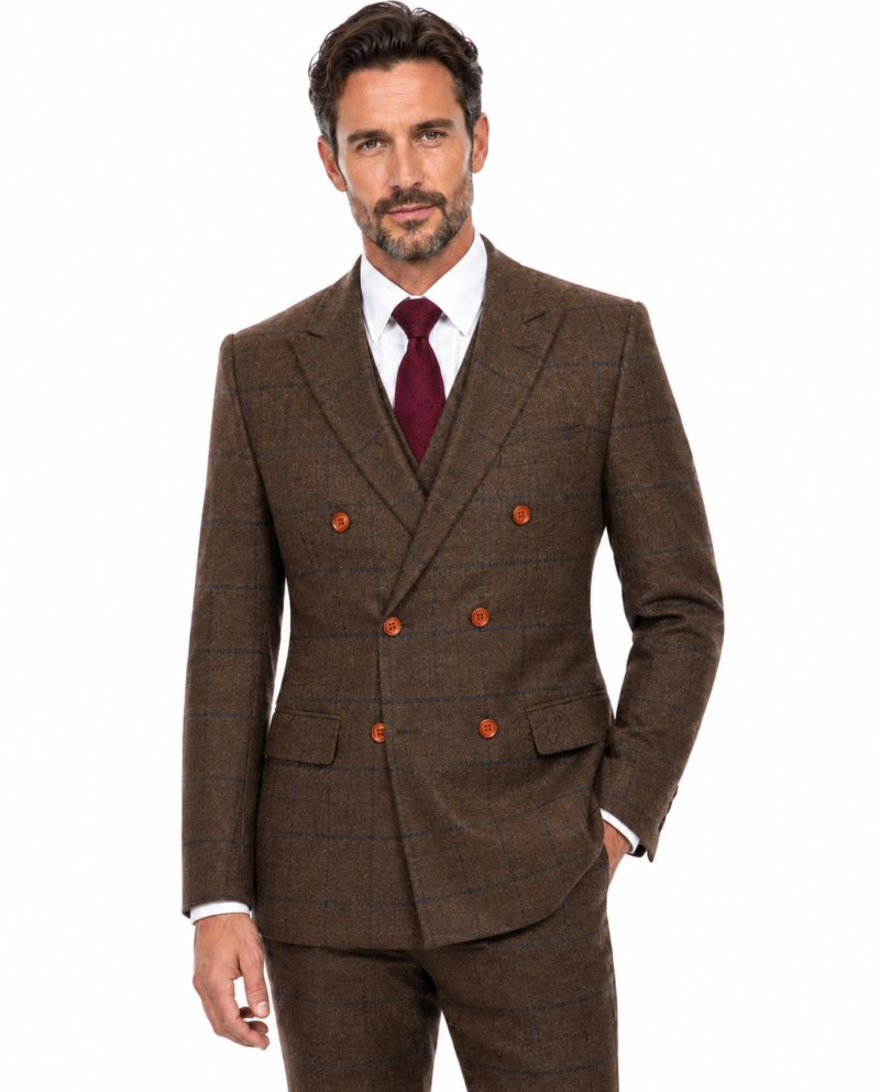 Men’s Brown Country Check Tweed with Navy Double-Breasted Three-Piece Suit