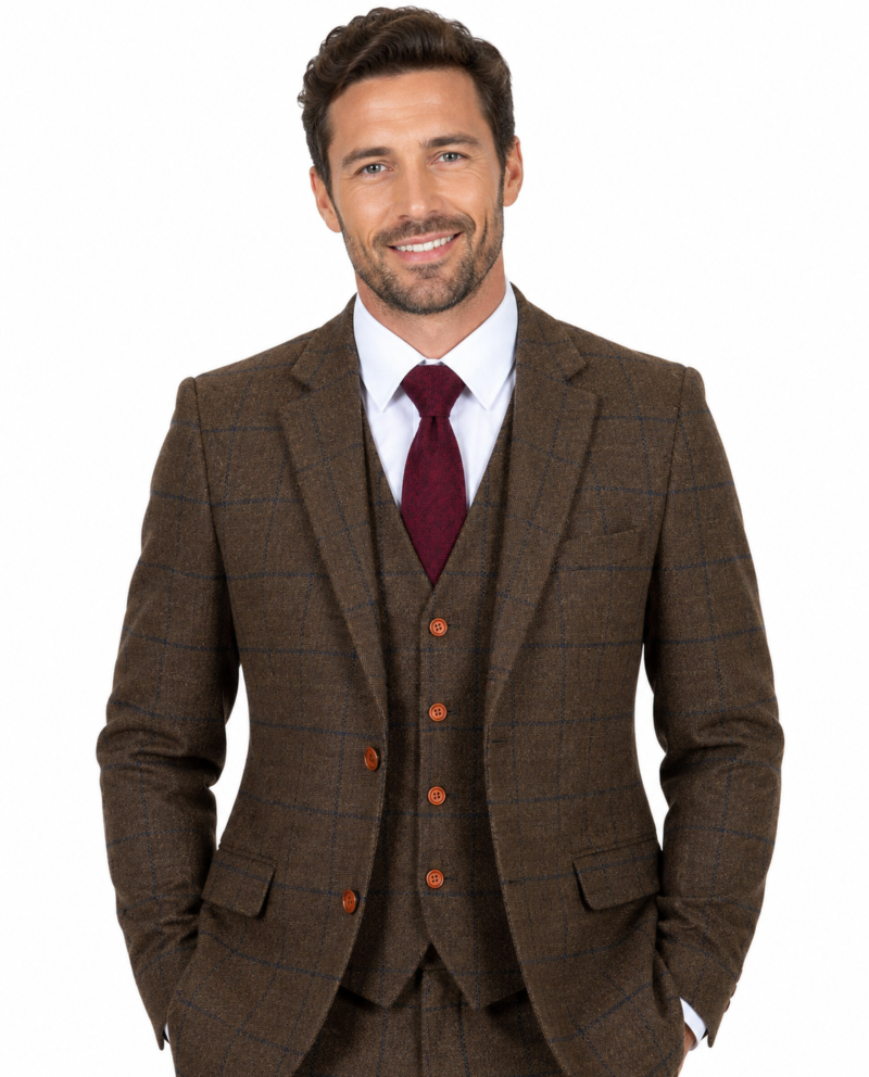 Men’s Brown Country Check Tweed with Navy Single-Breasted Three-Piece Suit