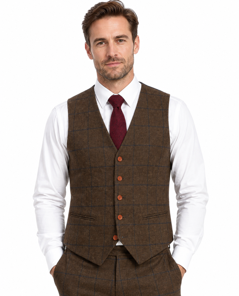 Men’s Brown Country Check Tweed with Navy Waistcoat