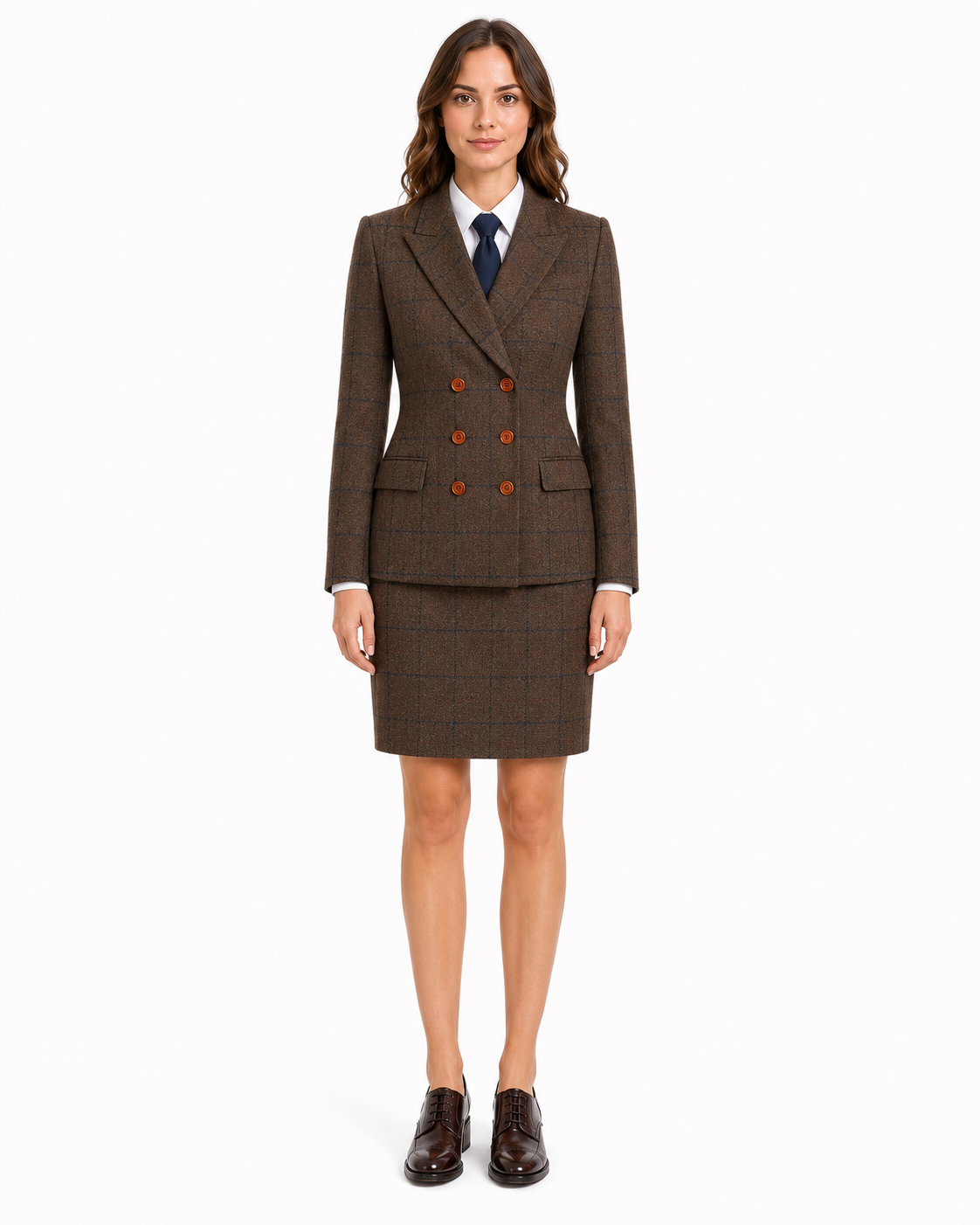 Women’s Made-to-Measure Brown Country Check Tweed with Navy Three-Piece Suit - Image 20