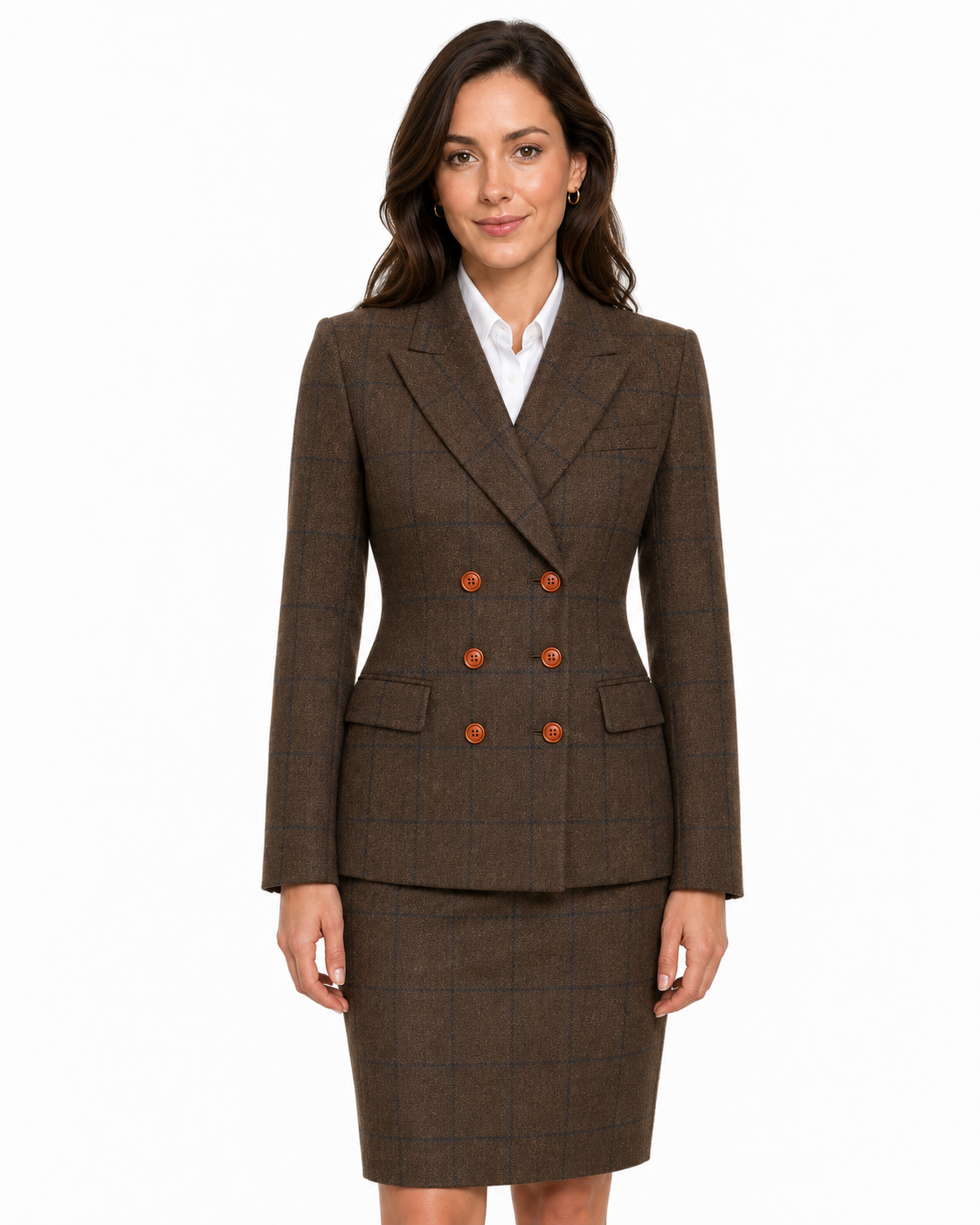 Women’s Made-to-Measure Brown Country Check Tweed with Navy Three-Piece Suit - Image 21