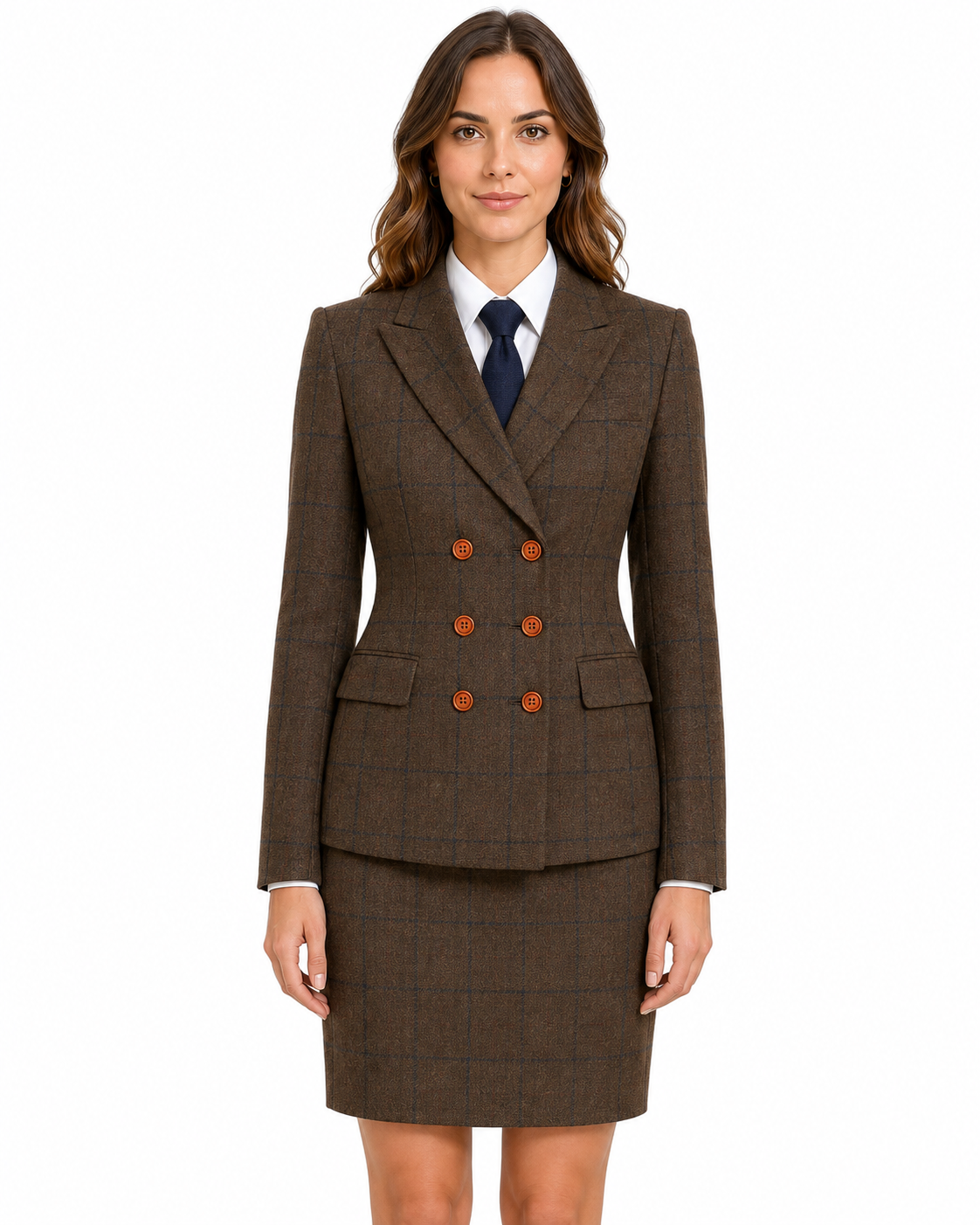 Women’s Made-to-Measure Brown Country Check Tweed with Navy Three-Piece Suit - Image 22