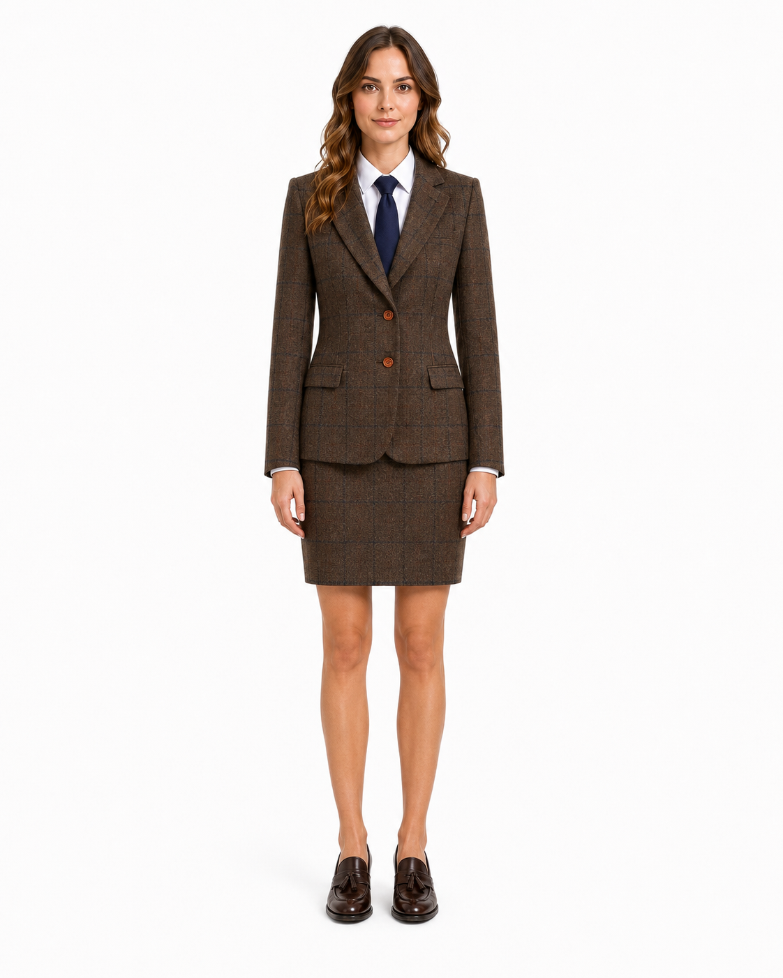 Women’s Made-to-Measure Brown Country Check Tweed with Navy Three-Piece Suit - Image 26