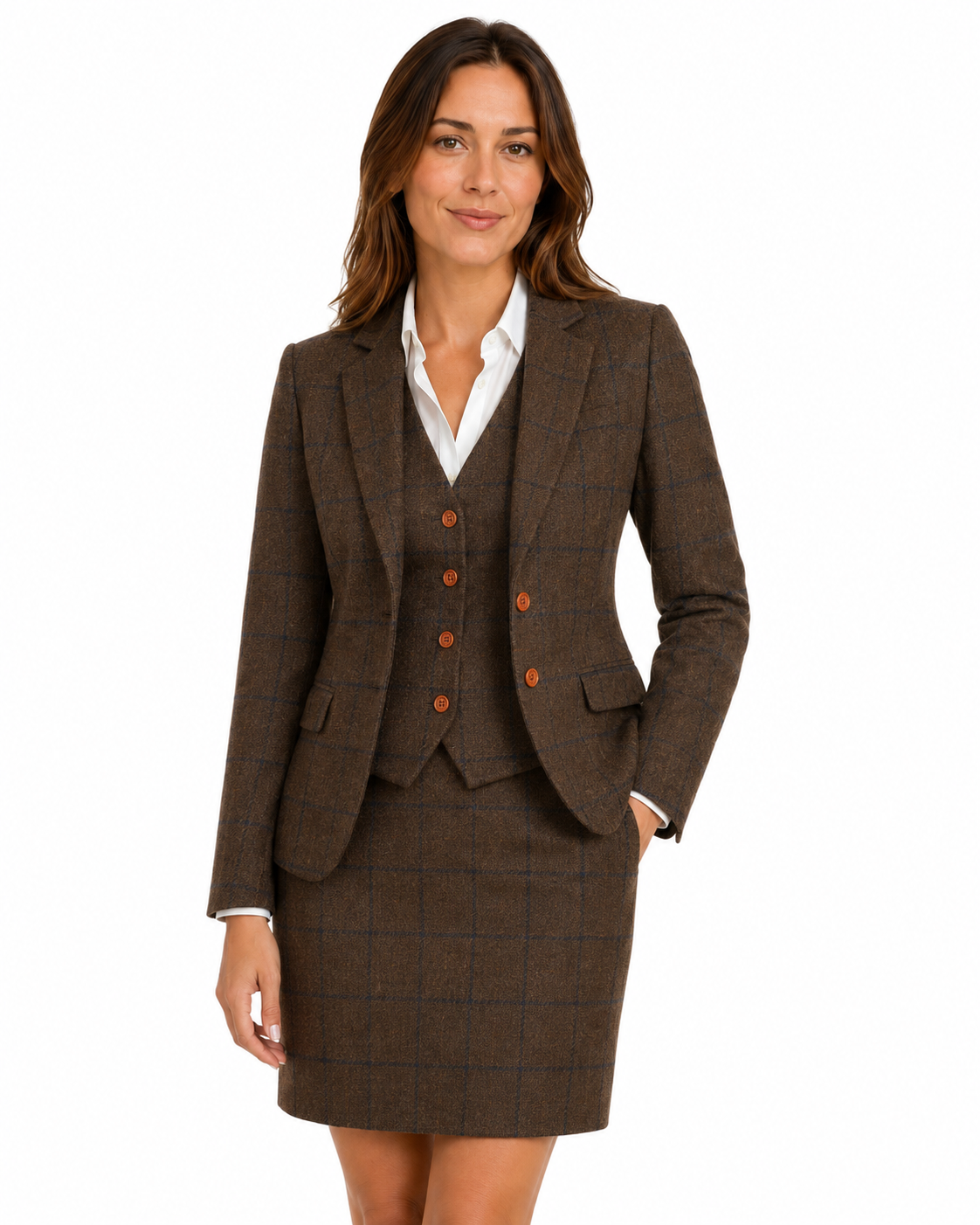 Women’s Made-to-Measure Brown Country Check Tweed with Navy Three-Piece Suit - Image 24