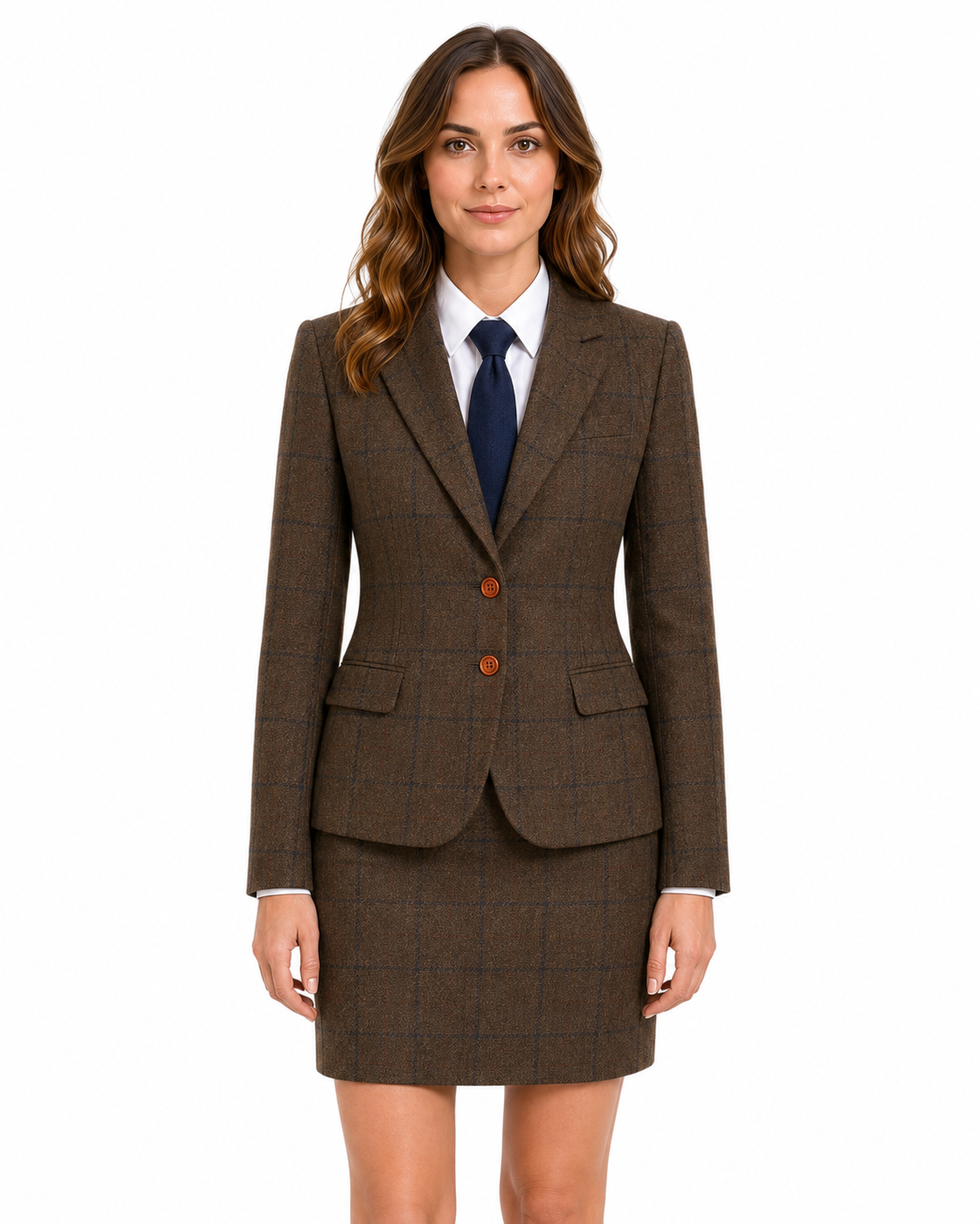 Women’s Made-to-Measure Brown Country Check Tweed with Navy Three-Piece Suit - Image 25
