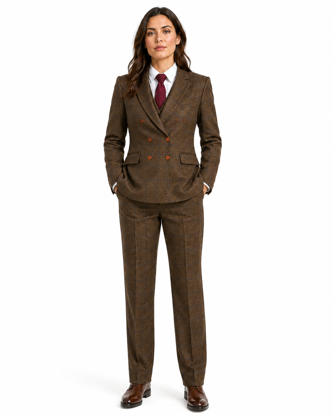 Women’s Made-to-Measure Brown Country Check Tweed with Navy Three-Piece Suit - Image 6