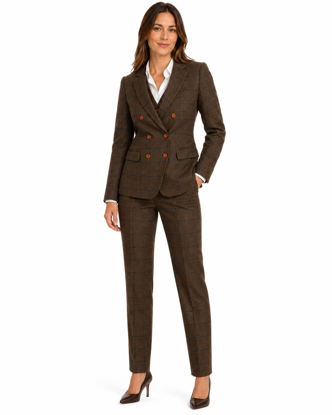 Women’s Made-to-Measure Brown Country Check Tweed with Navy Three-Piece Suit - Image 11
