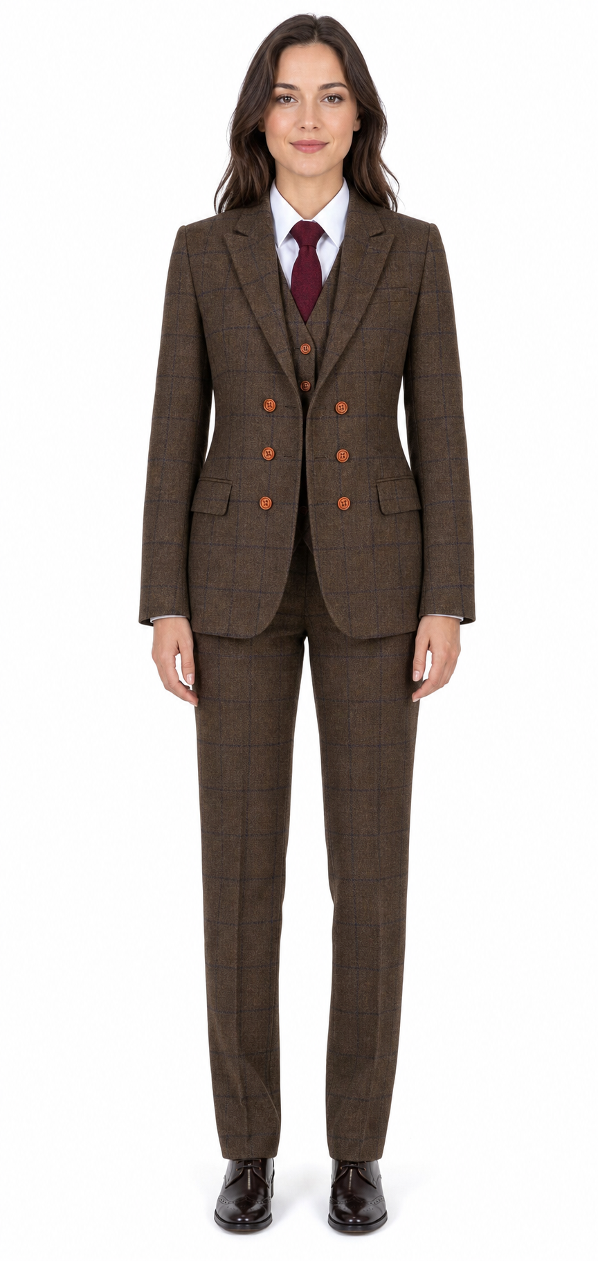 Women’s Made-to-Measure Brown Country Check Tweed with Navy Three-Piece Suit - Image 8