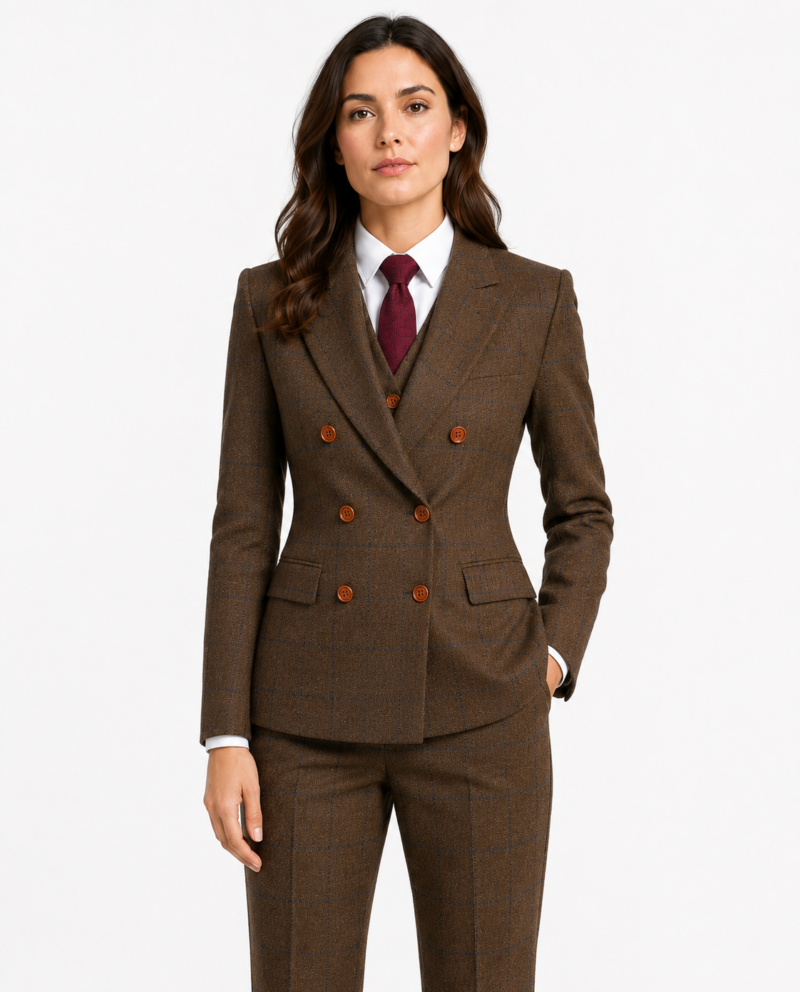 Women’s Brown Country Check Tweed with Navy Double-Breasted Jacket