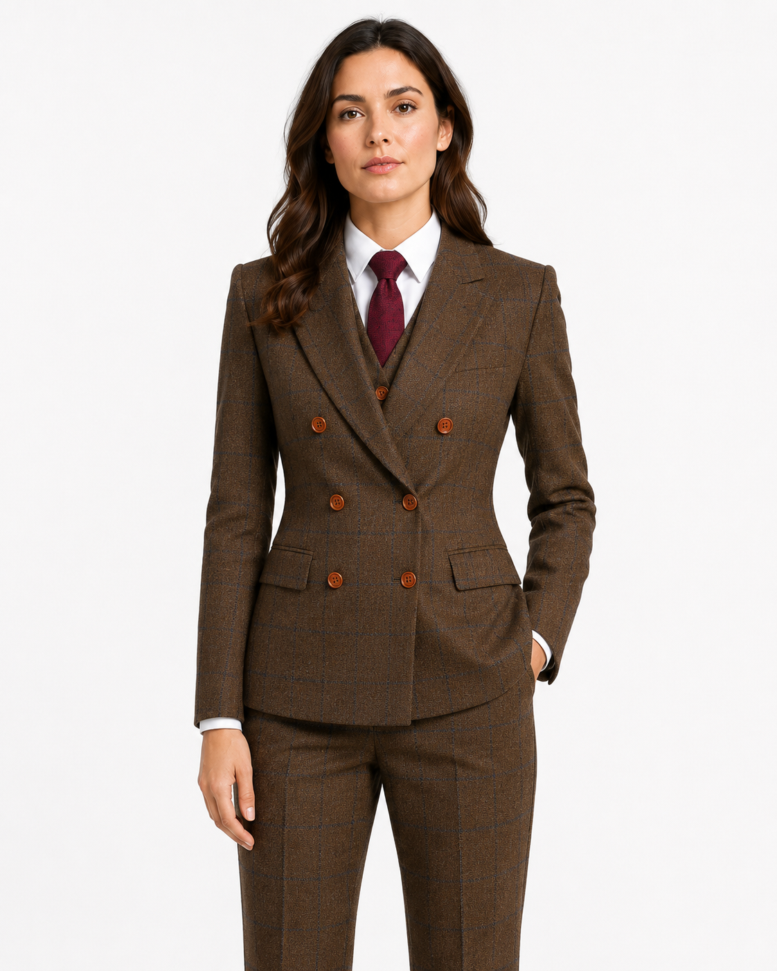 Women’s Made-to-Measure Brown Country Check Tweed with Navy Three-Piece Suit - Image 4