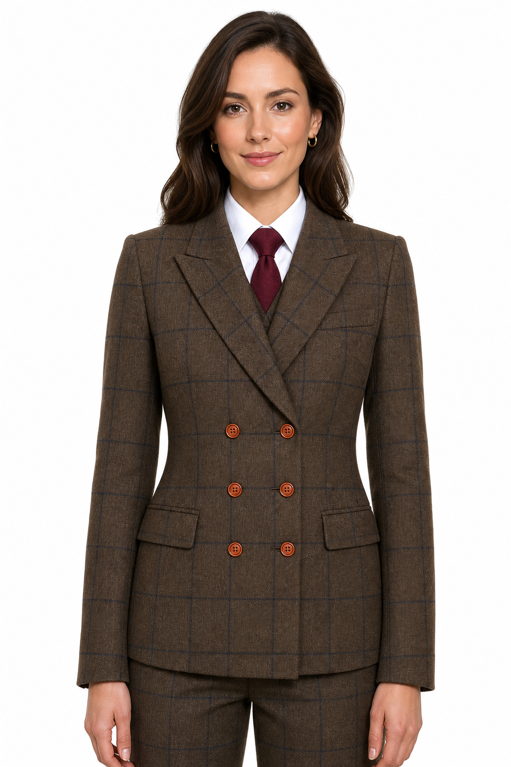 Women’s Made-to-Measure Brown Country Check Tweed with Navy Three-Piece Suit - Image 5