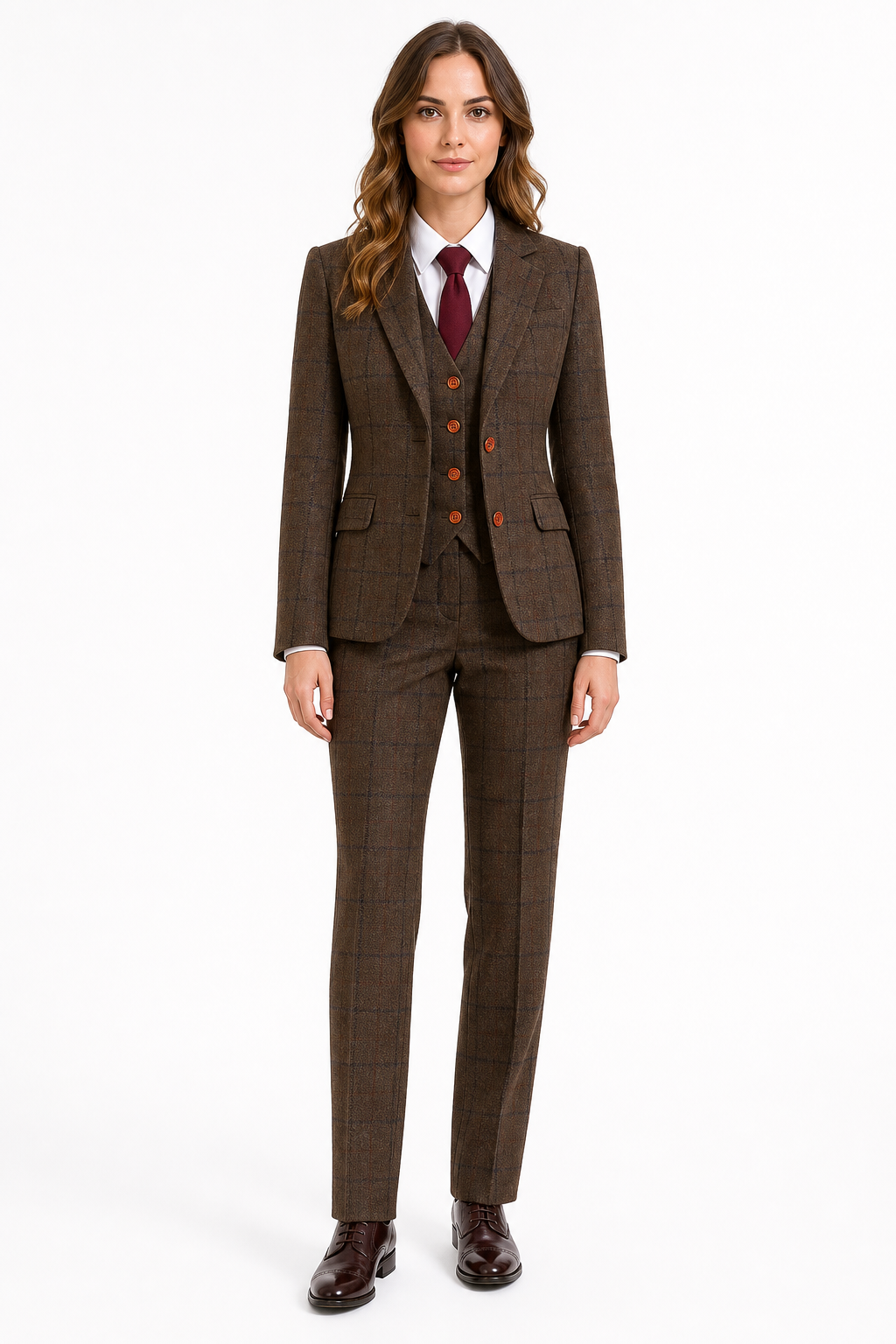 Women’s Made-to-Measure Brown Country Check Tweed with Navy Three-Piece Suit - Image 2