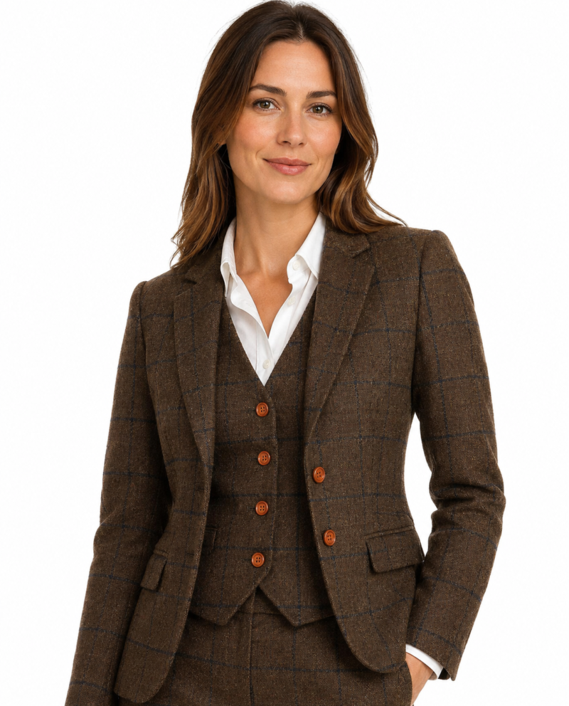 Women’s Made-to-Measure Brown Country Check Tweed with Navy Three-Piece Suit