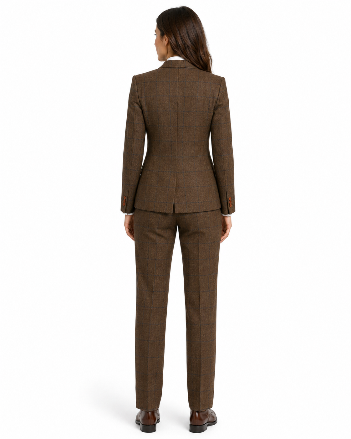 Women’s Made-to-Measure Brown Country Check Tweed with Navy Three-Piece Suit - Image 3