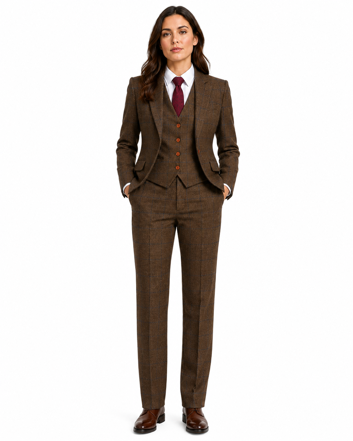 Women’s Made-to-Measure Brown Country Check Tweed with Navy Three-Piece Suit - Image 7