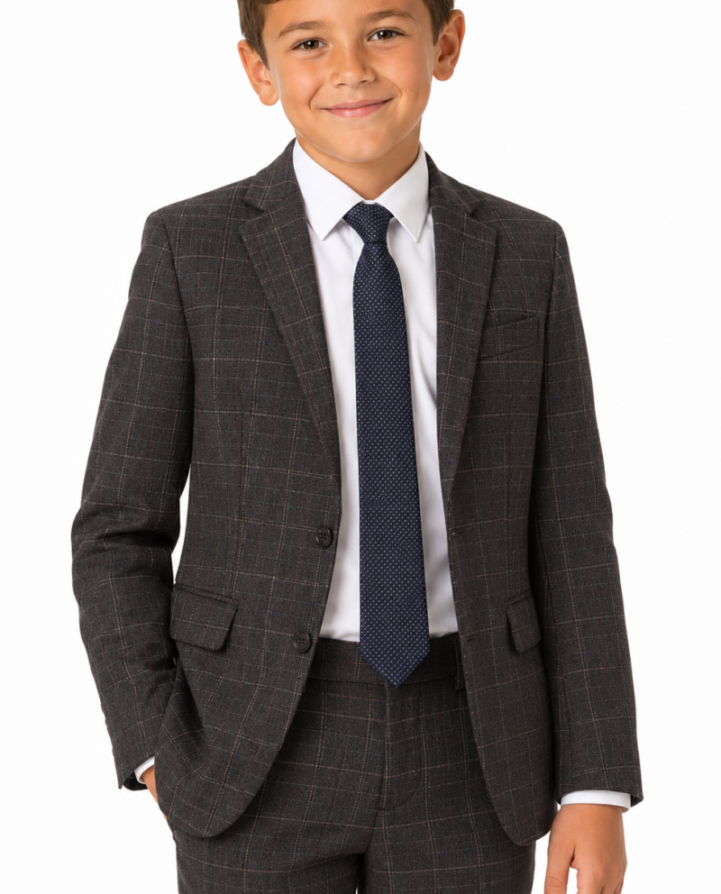 Boys’ Charcoal Grey Windowpane Check Tweed Jacket