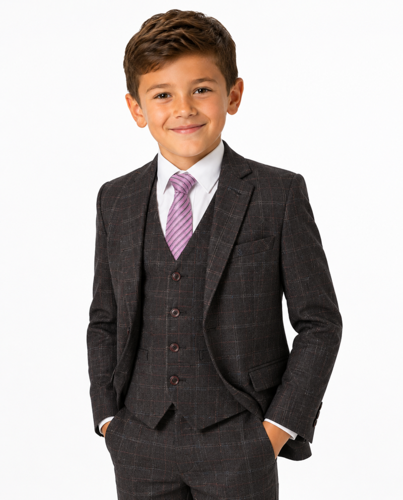 Boys’ Charcoal Grey Windowpane Check Tweed Three-Piece Suit