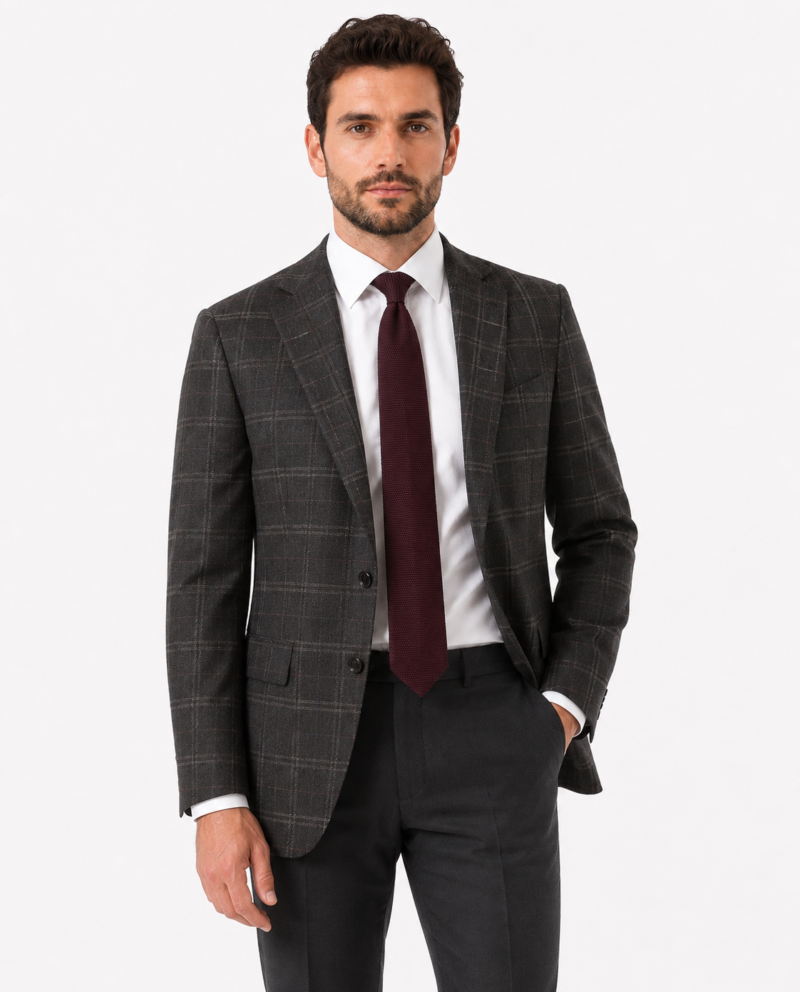 Men’s Charcoal Grey Windowpane Check Tweed Single-Breasted Jacket