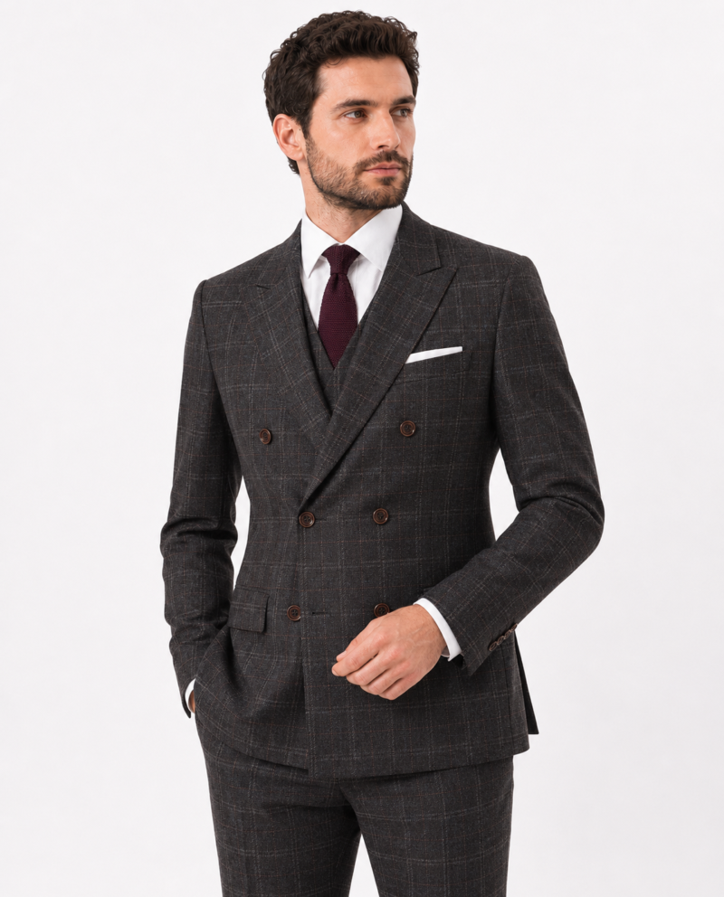 Men’s Charcoal Grey Windowpane Check Tweed Double-Breasted Three-Piece Suit