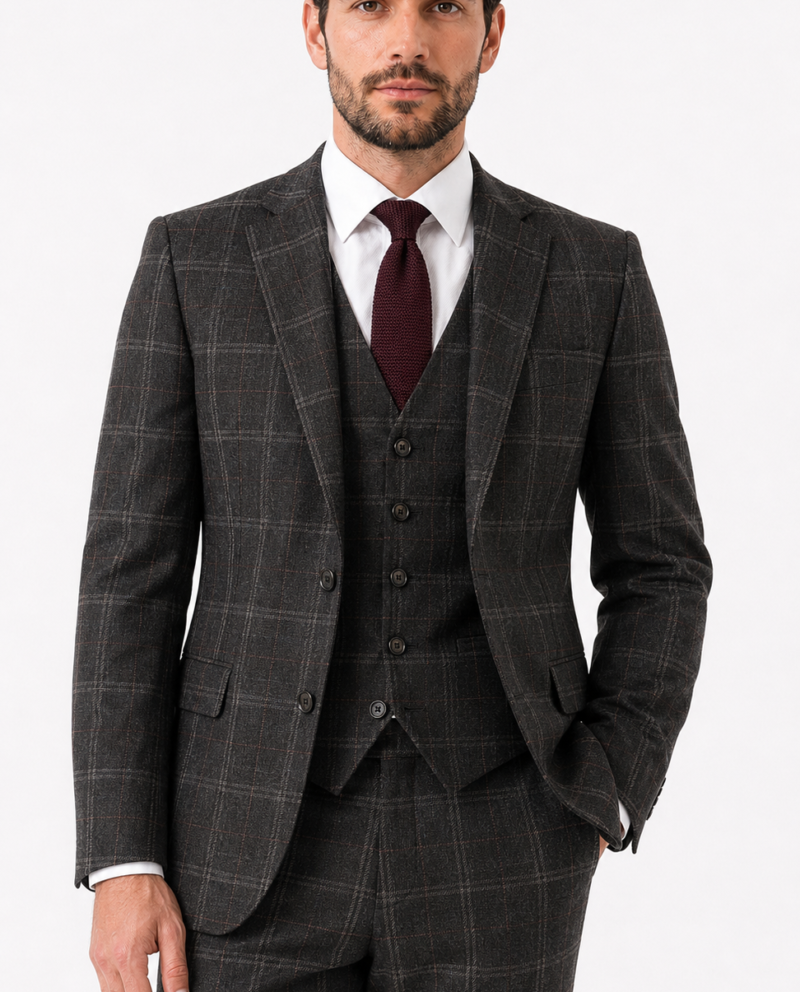 Men’s Charcoal Grey Windowpane Check Tweed Single-Breasted Three-Piece Suit