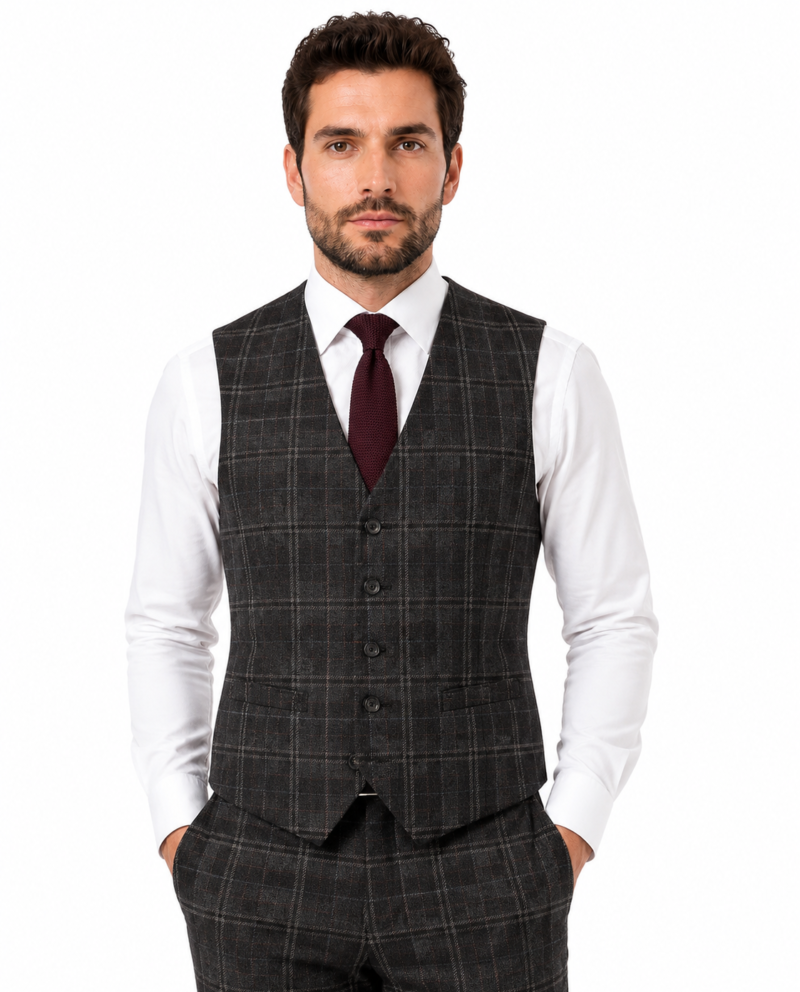Men’s Charcoal Grey Windowpane Check Tweed Waistcoat