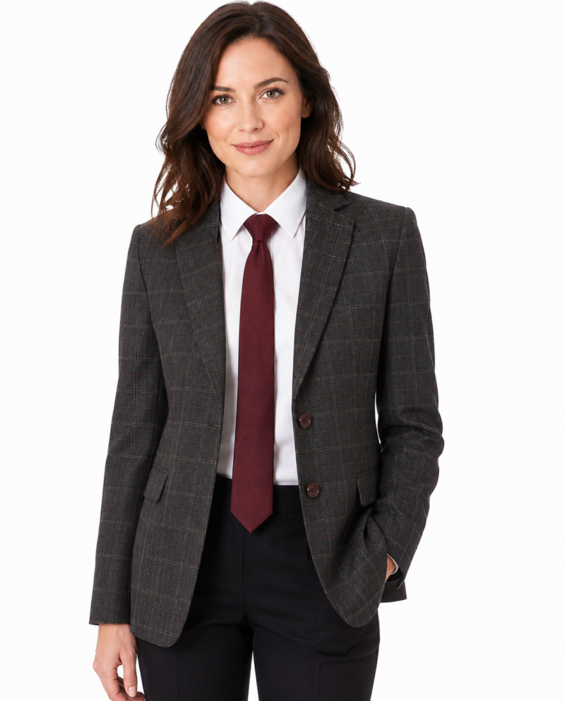 Women’s Charcoal Grey Windowpane Check Tweed Single-Breasted Jacket