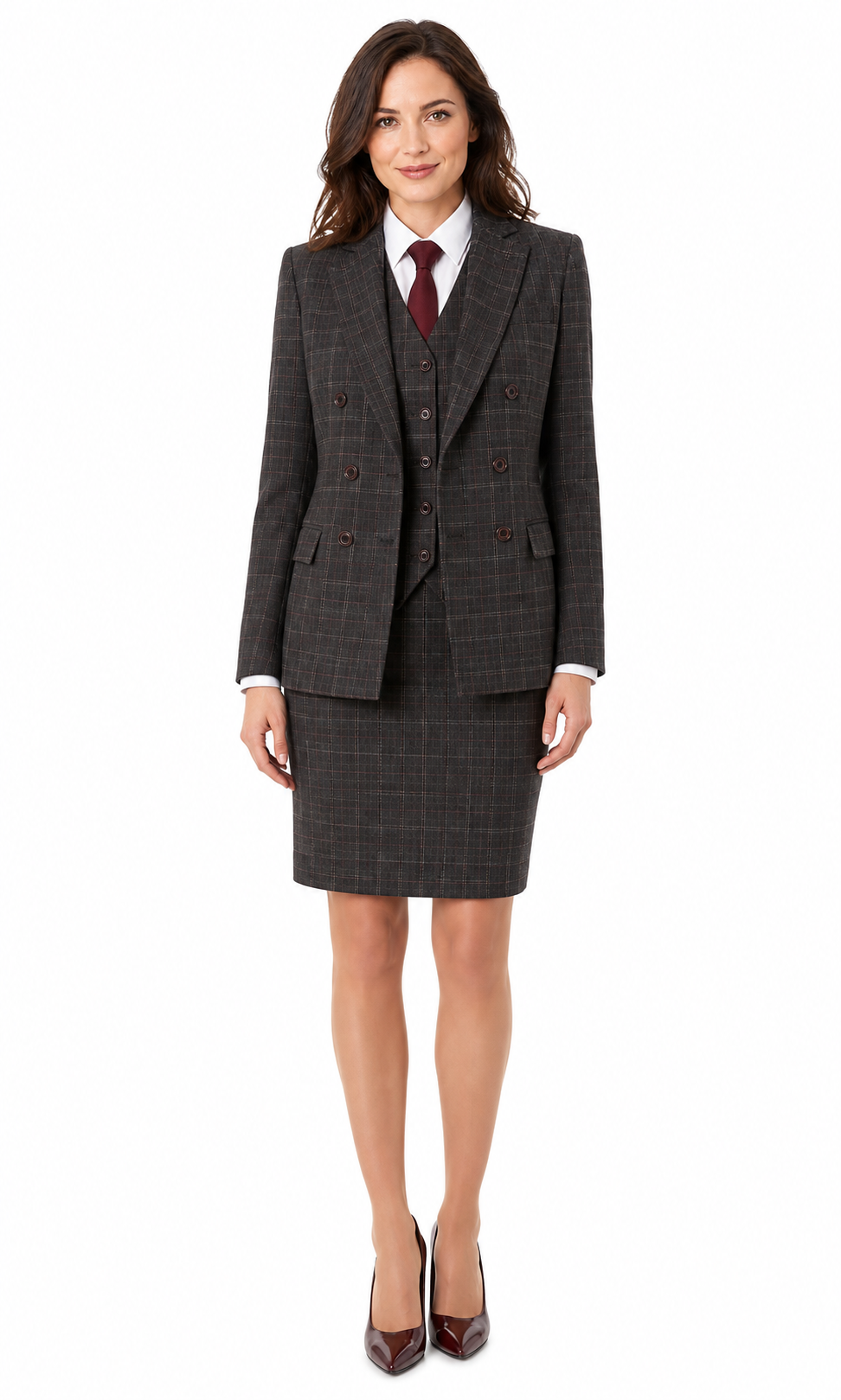 Women’s Made-to-Measure Charcoal Grey Windowpane Check Tweed Three-Piece Suit - Image 7