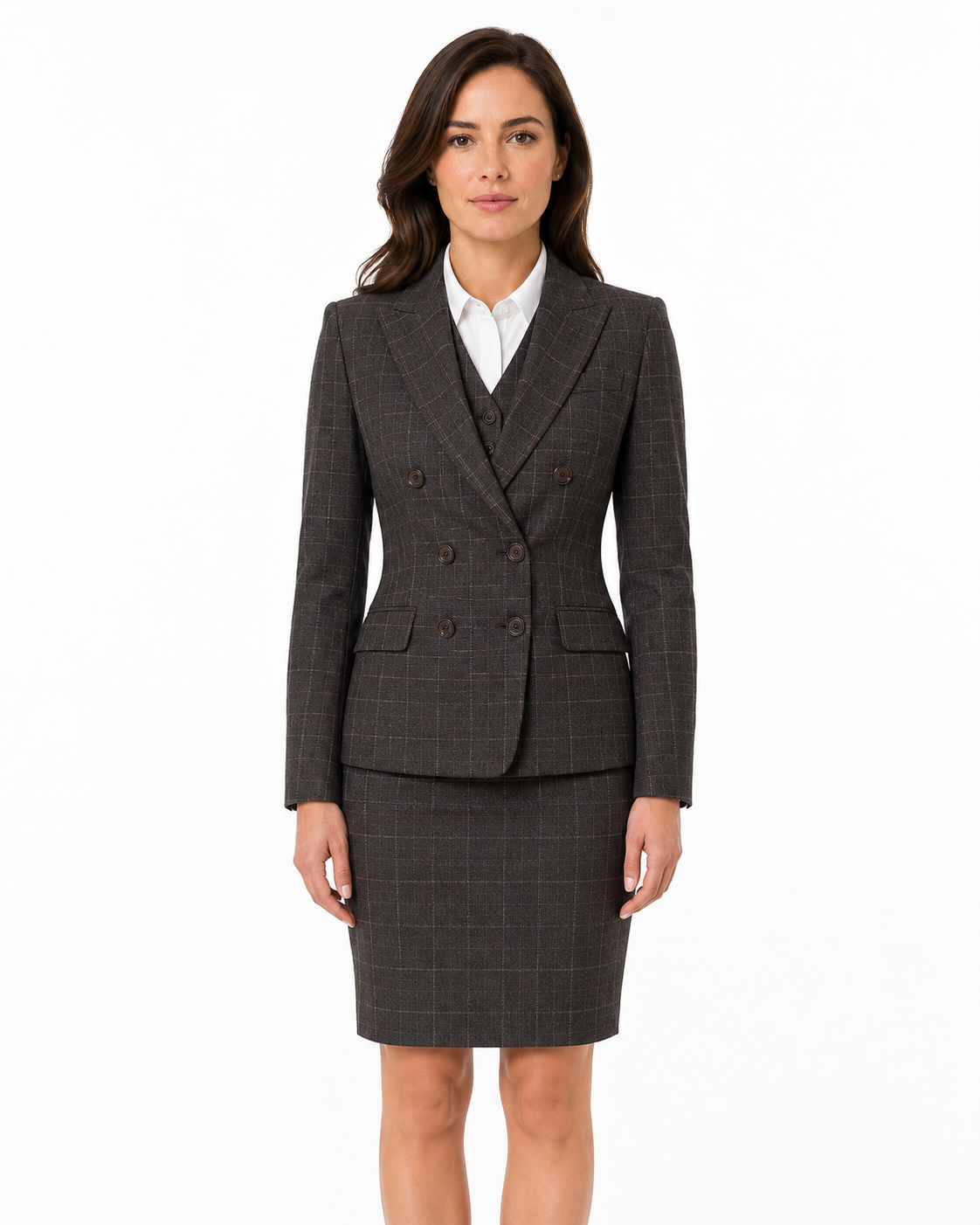 Women’s Charcoal Grey Windowpane Check Tweed Double-Breasted Jacket - Image 3
