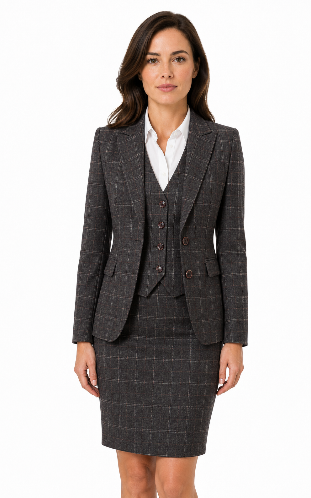 Women’s Made-to-Measure Charcoal Grey Windowpane Check Tweed Three-Piece Suit - Image 6