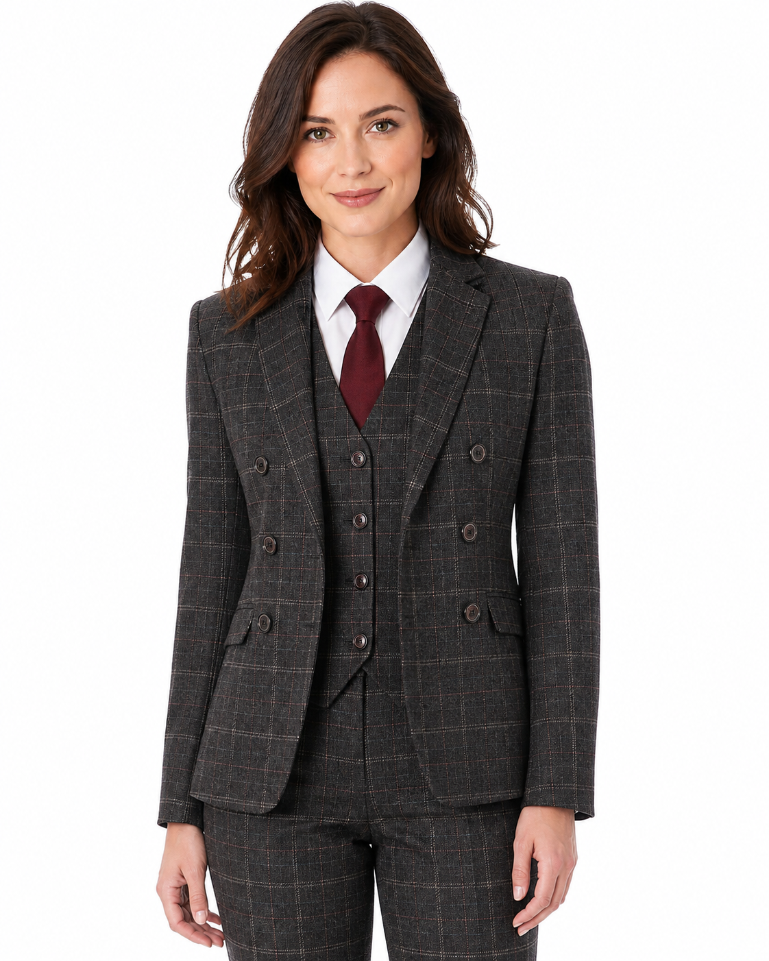 Women’s Made-to-Measure Charcoal Grey Windowpane Check Tweed Three-Piece Suit - Image 3