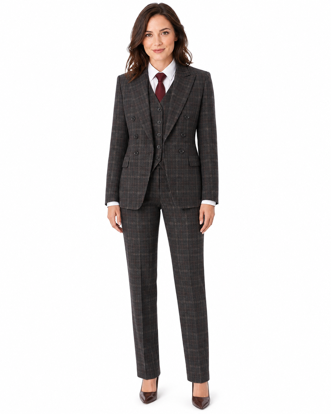 Women’s Charcoal Grey Windowpane Check Tweed Double-Breasted Jacket - Image 2
