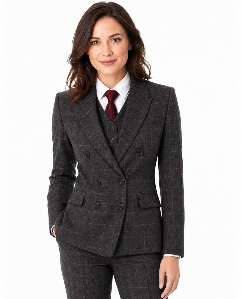 Women’s Charcoal Grey Windowpane Check Tweed Double-Breasted Jacket