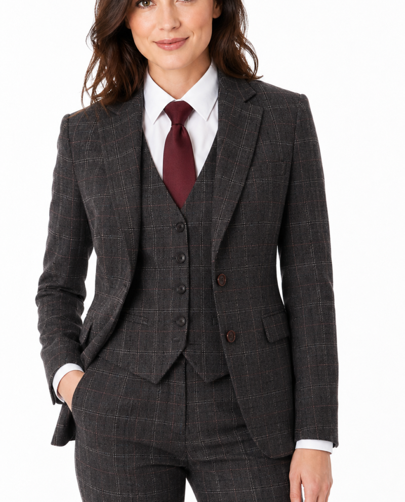 Women’s Made-to-Measure Charcoal Grey Windowpane Check Tweed Three-Piece Suit