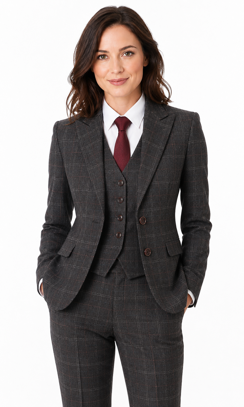 Women’s Made-to-Measure Charcoal Grey Windowpane Check Tweed Three-Piece Suit - Image 2