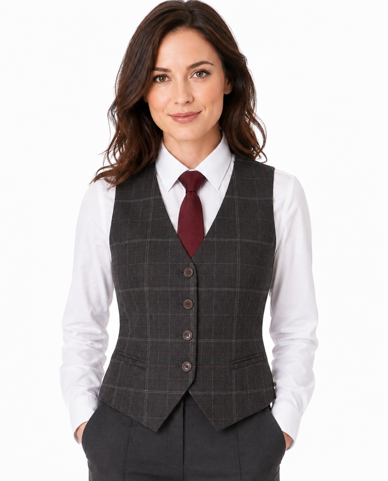 Women’s Charcoal Grey Windowpane Check Tweed Waistcoat