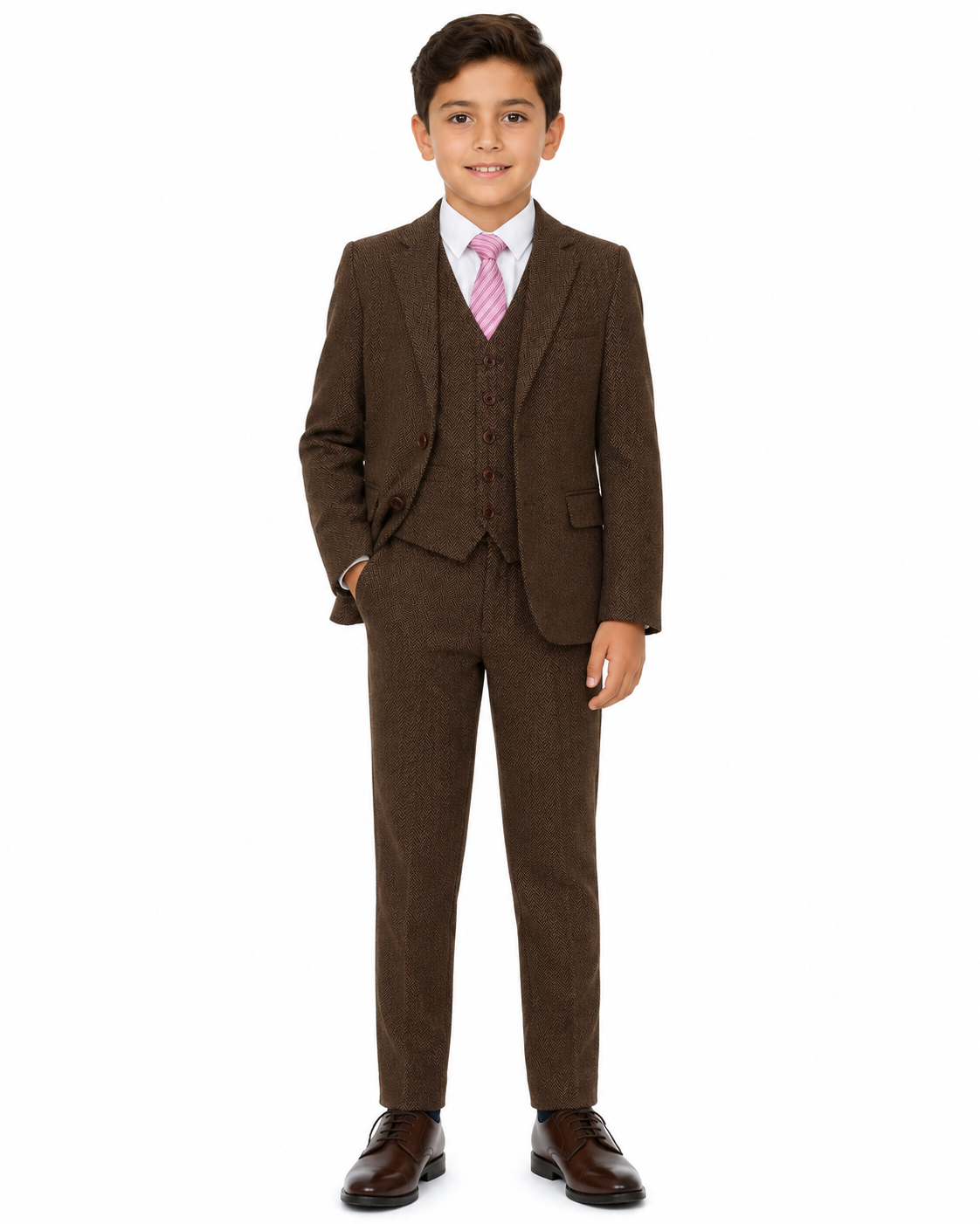 Boys’ Classic Brown Herringbone Tweed Three-Piece Suit - Image 2
