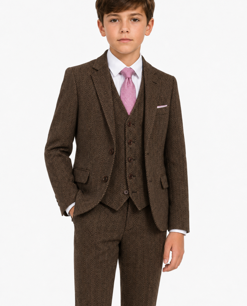 Boys’ Classic Brown Herringbone Tweed Jacket