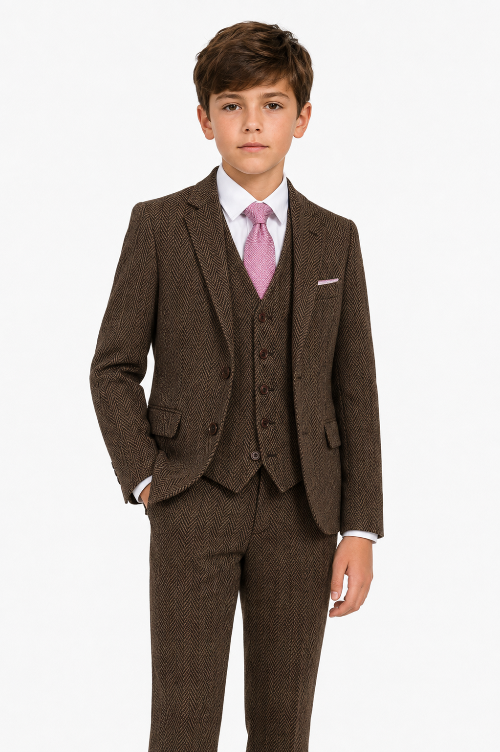 Boys’ Classic Brown Herringbone Tweed Three-Piece Suit