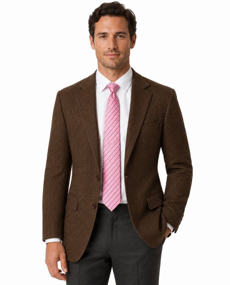 Men’s Classic Brown Herringbone Tweed Single-Breasted Jacket