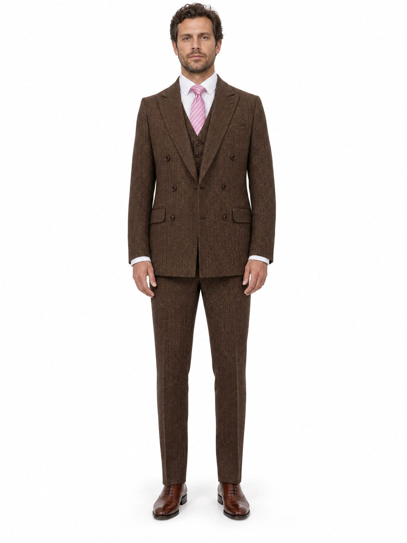 Men’s Classic Brown Herringbone Tweed Double-Breasted Jacket - Image 6