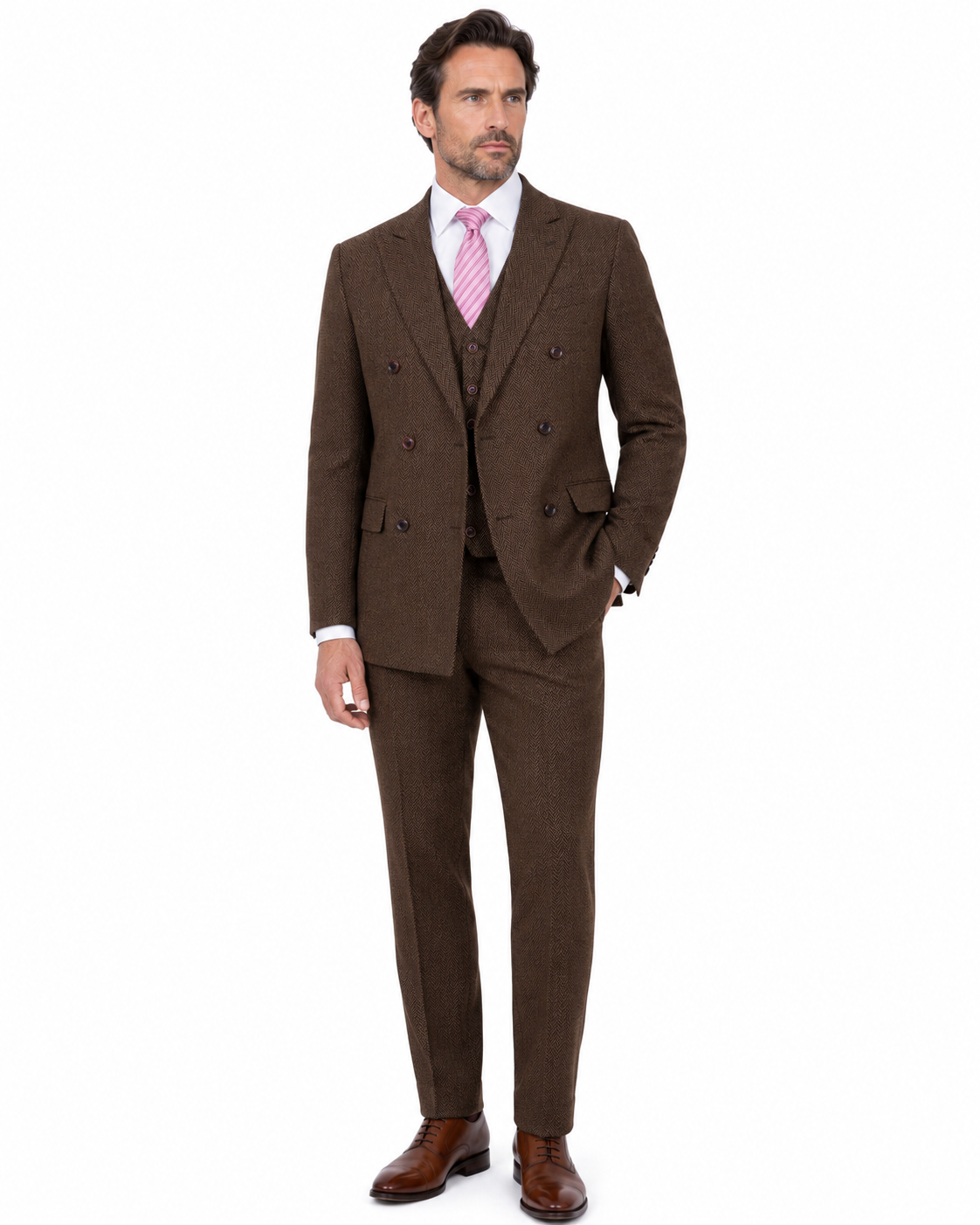 Men’s Classic Brown Herringbone Tweed Double-Breasted Jacket - Image 7