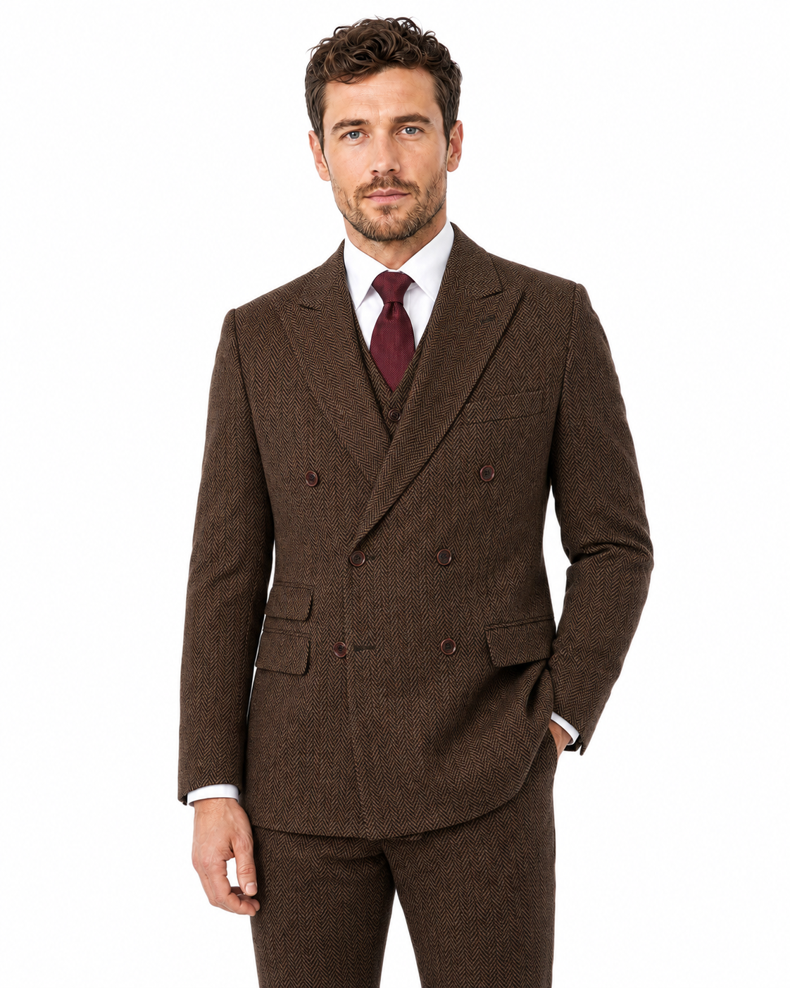 Men’s Classic Brown Herringbone Tweed Double-Breasted Jacket