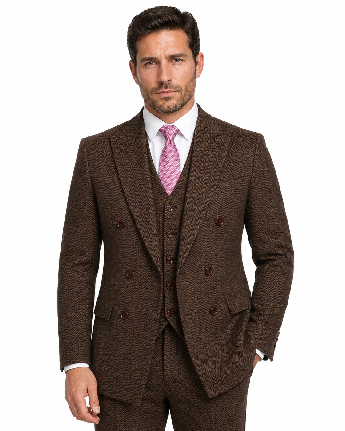 Men’s Classic Brown Herringbone Tweed Double-Breasted Jacket - Image 2