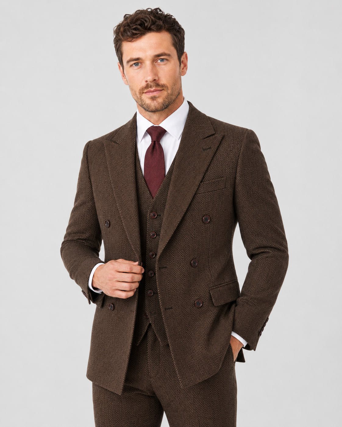 Men’s Classic Brown Herringbone Tweed Double-Breasted Jacket - Image 3
