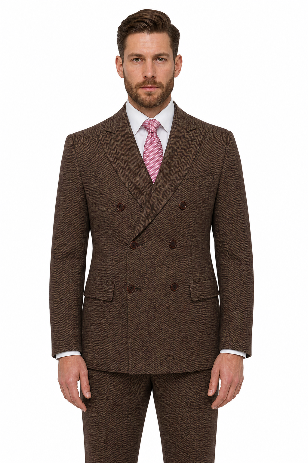 Men’s Classic Brown Herringbone Tweed Double-Breasted Jacket - Image 4