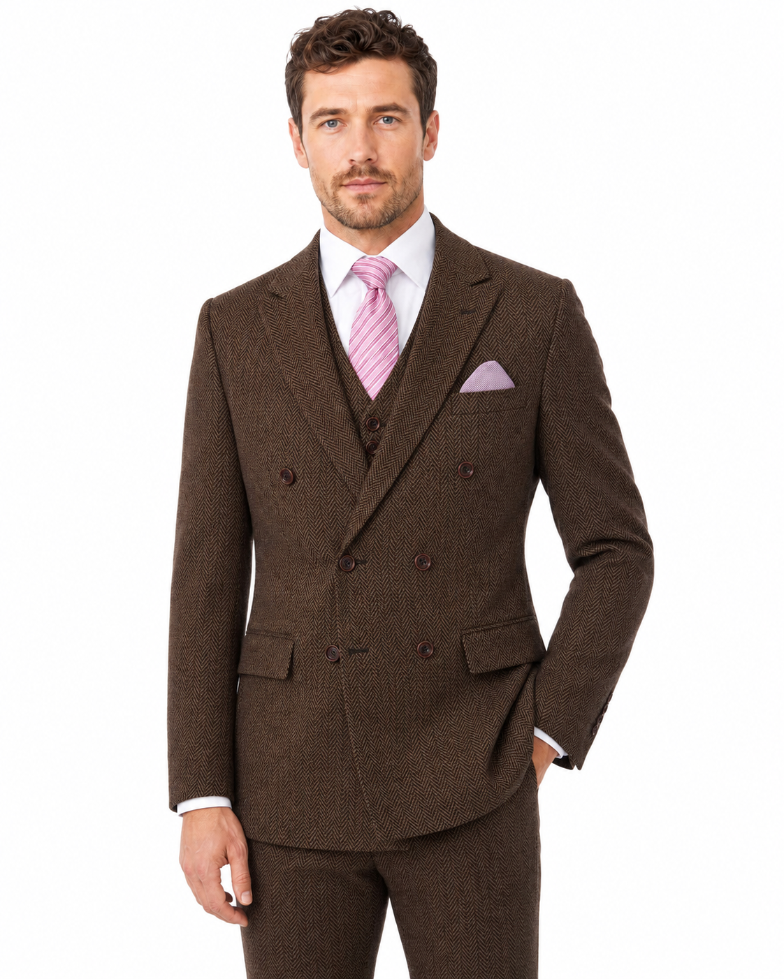 Men’s Classic Brown Herringbone Tweed Double-Breasted Jacket - Image 5